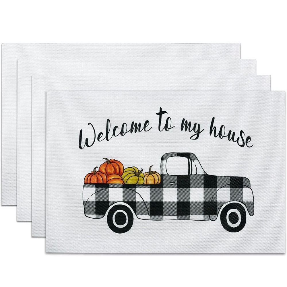 4pc Fall Farmhouse‎ Placemats Welcome To My House Buffalo Check Truck Pumpkins